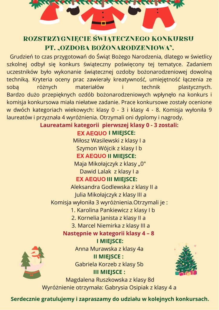 ROZSTRZYGNIĘCIE ŚWIĄTECZNEGO KONKURSU PT. "OZDOBA BOŻONARODZENIOWA"