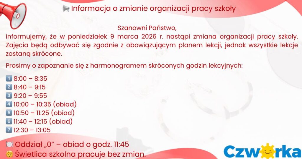 Zmiana organizacji pracy szkoły 9 marca