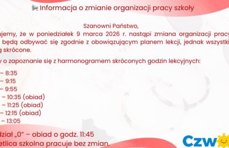 Zmiana organizacji pracy szkoły 9 marca